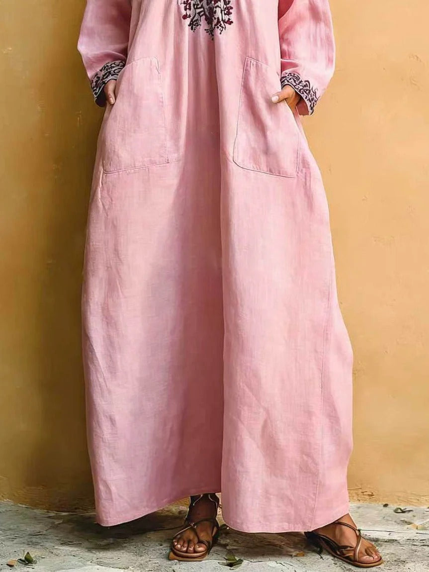 Pink Minimalist Print V-neck Loose Maxi Dress