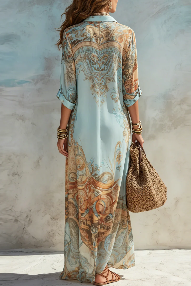 Vacation Blue Floral Print Shirt Maxi Dress