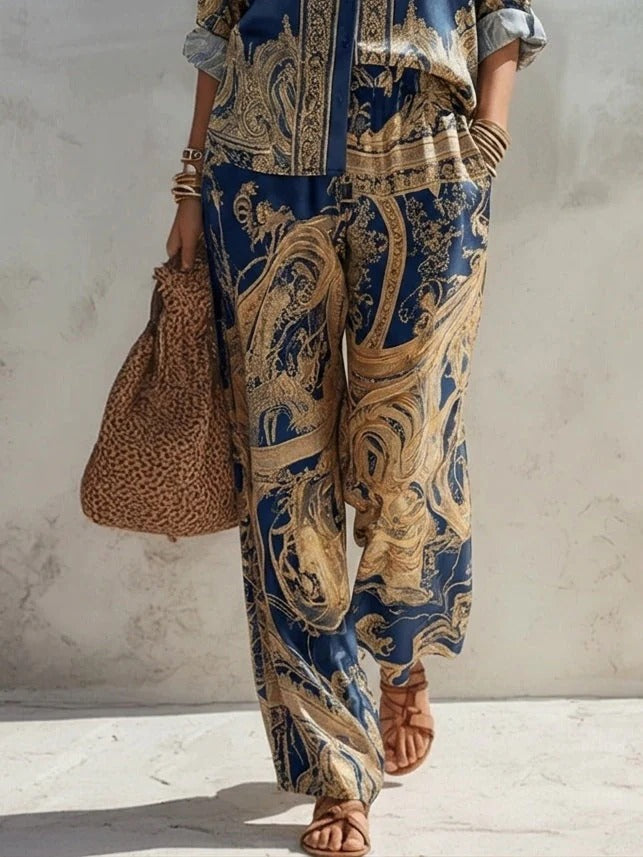 Navy Print Shirt Wide-leg Pants Two-piece Set
