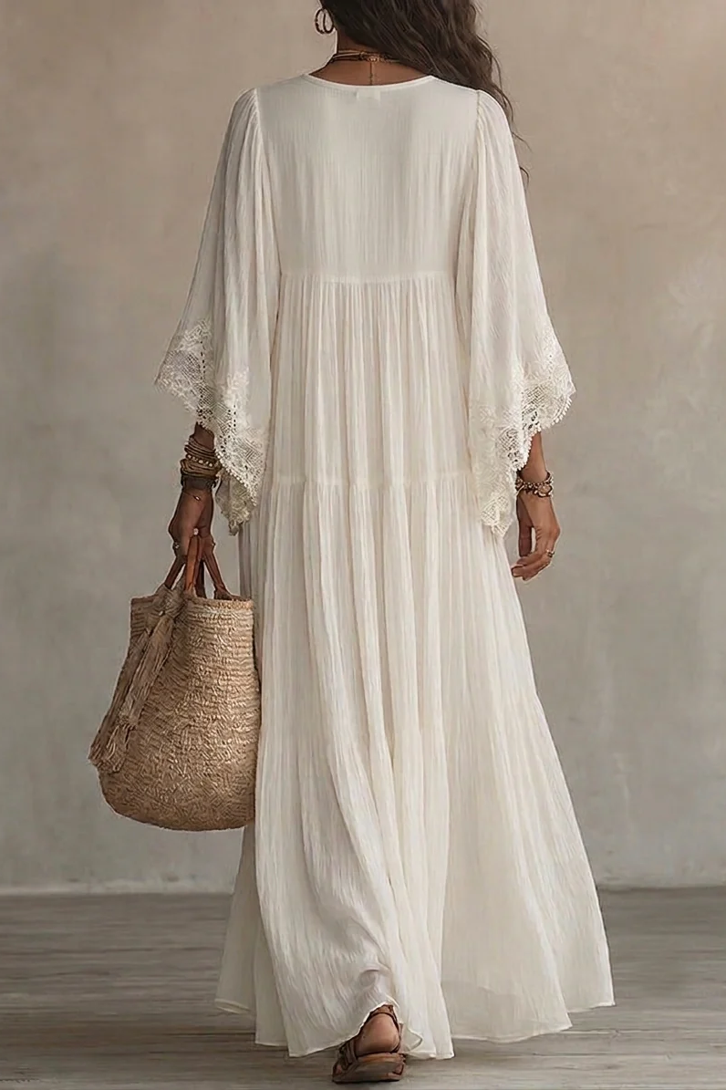 White Lace V-neck Batwing Chiffon Maxi Dress