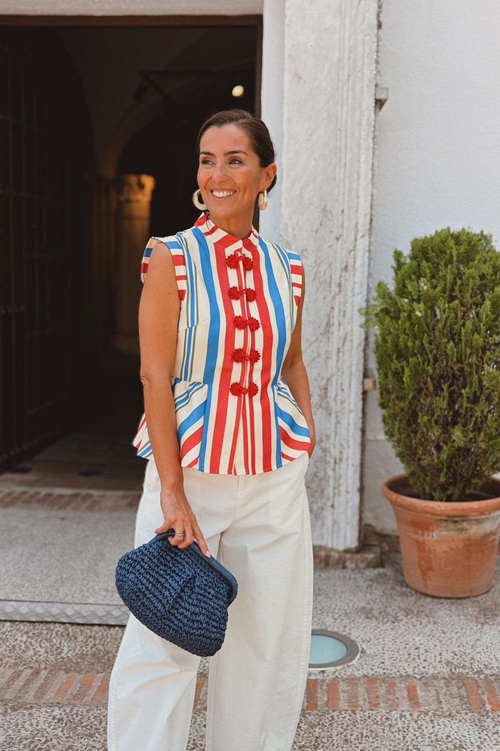Red Blue White Stripe Mandarin Collar Vest Top