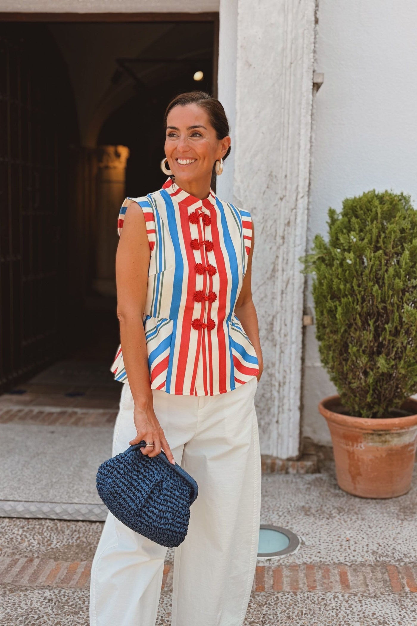 Red Blue White Stripe Mandarin Collar Vest Top