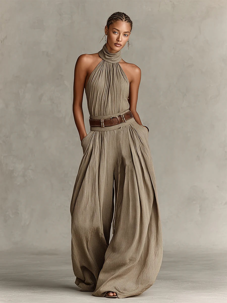 Taupe Boho Halter Wide-Leg Jumpsuit