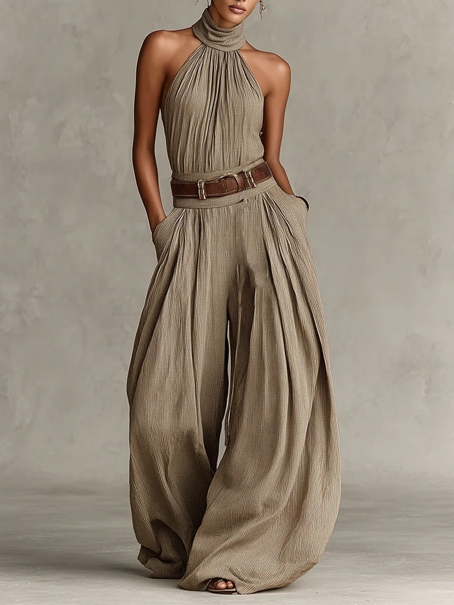 Taupe Boho Halter Wide-Leg Jumpsuit