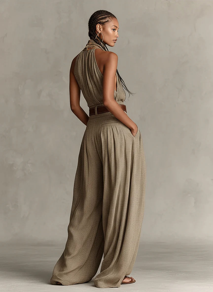 Taupe Boho Halter Wide-Leg Jumpsuit
