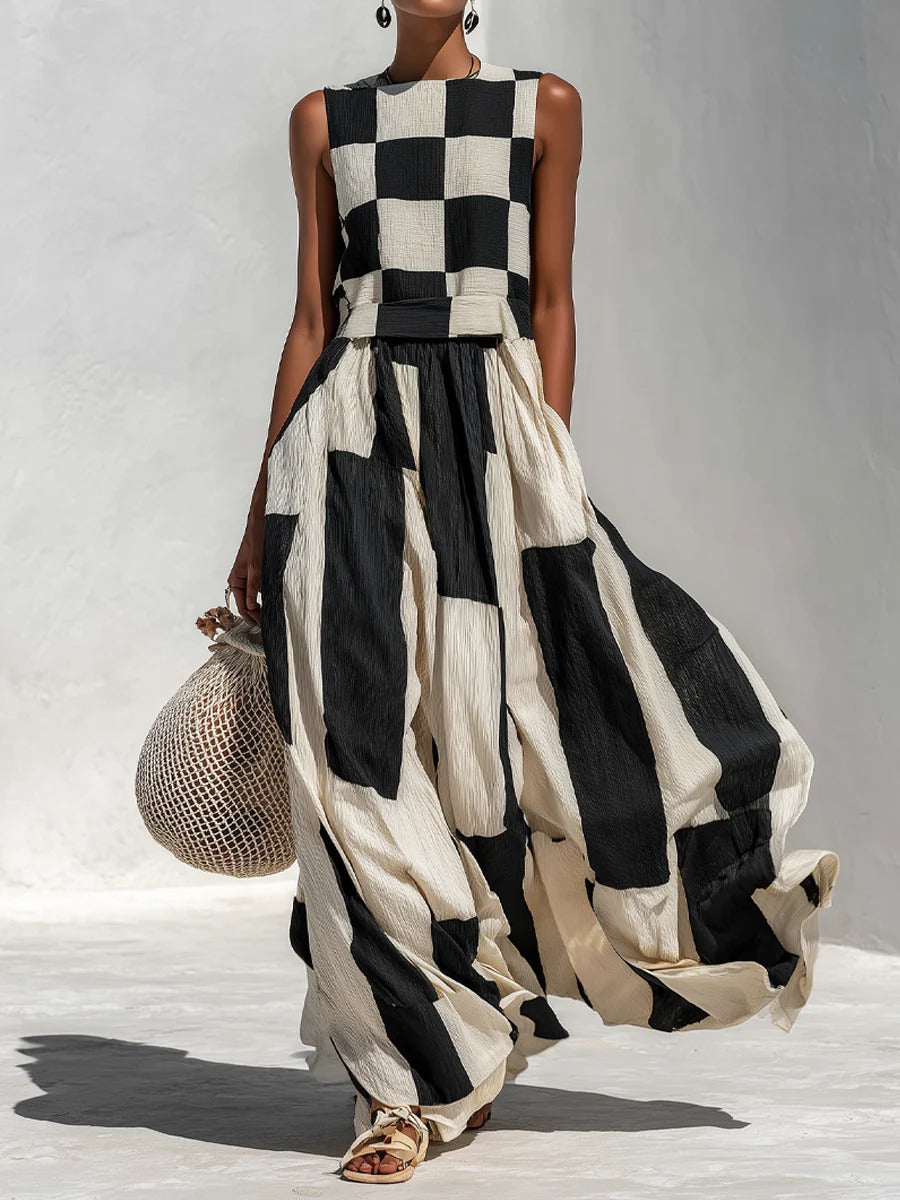 Cotton-Linen Plaid Stripe Sleeveless Maxi Dress