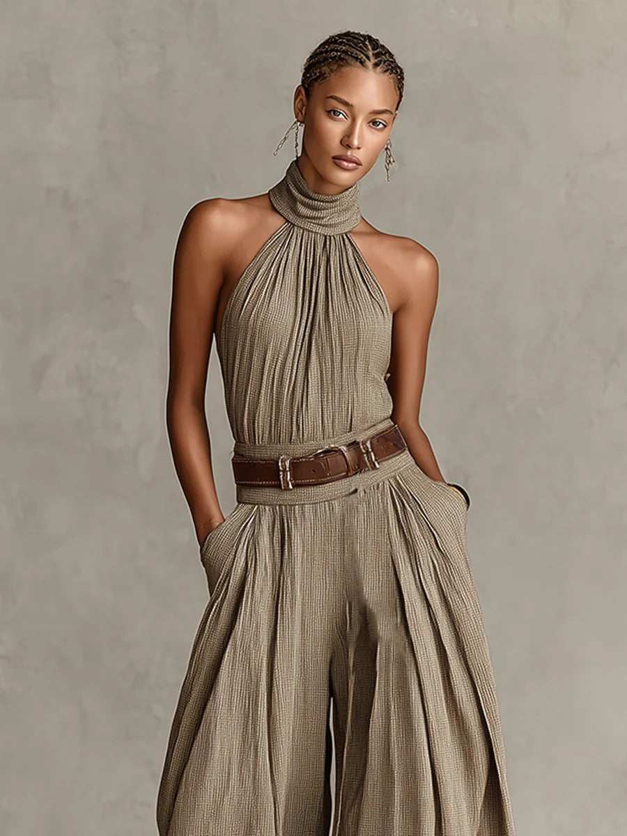 Taupe Boho Halter Wide-Leg Jumpsuit