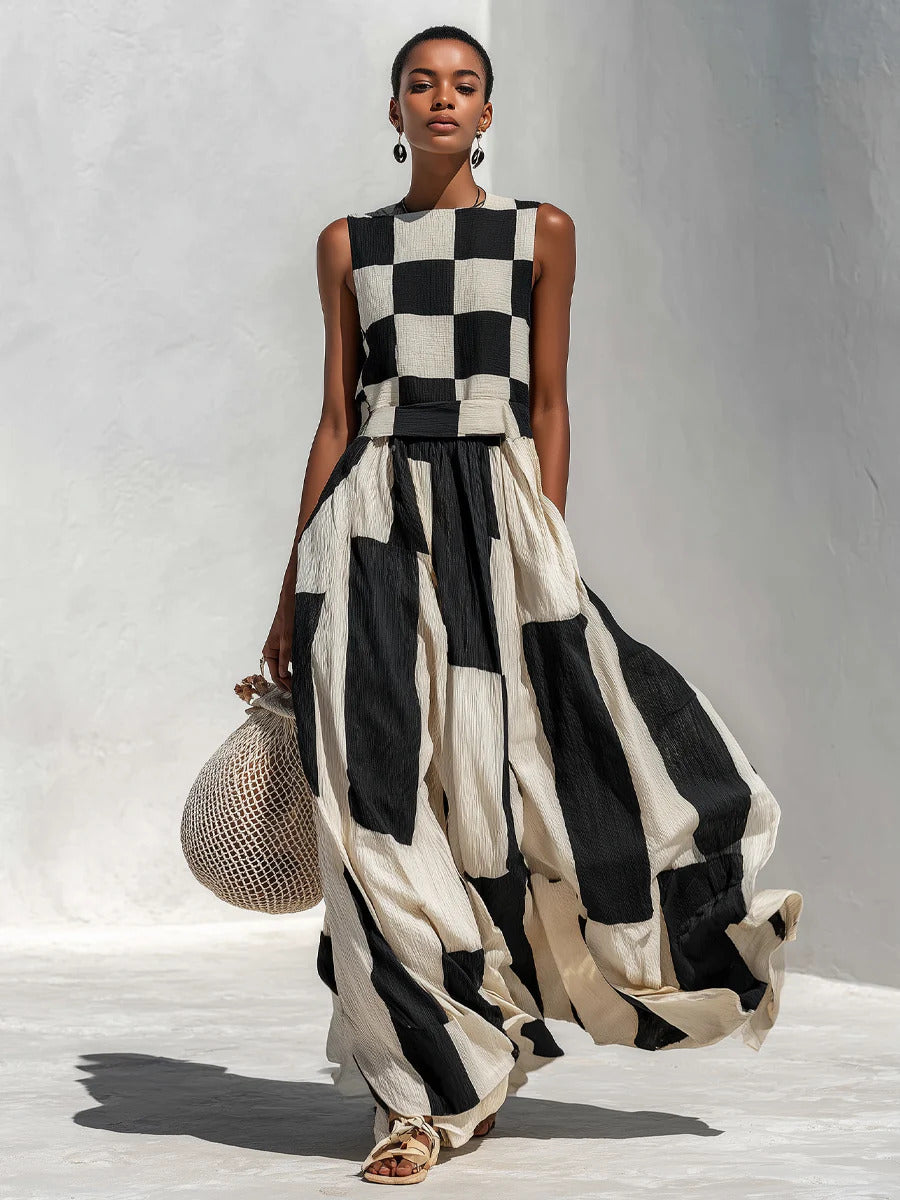 Cotton-Linen Plaid Stripe Sleeveless Maxi Dress