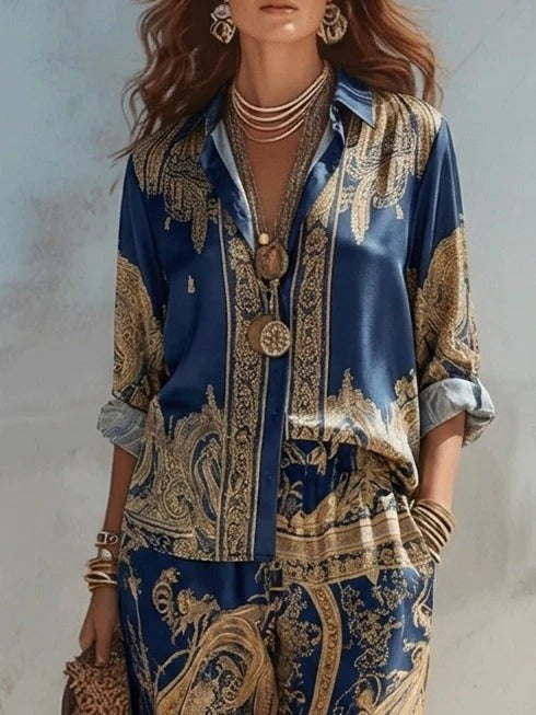 Navy Print Shirt Wide-leg Pants Two-piece Set