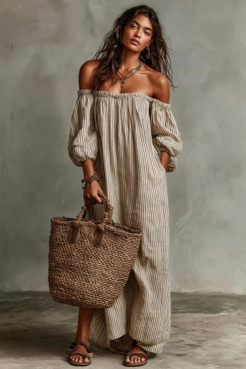 Beige Stripe Off-Shoulder Linen-Blend Maxi Dress