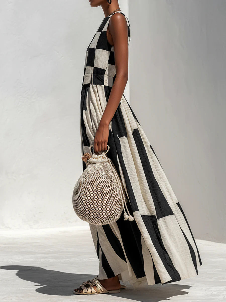 Cotton-Linen Plaid Stripe Sleeveless Maxi Dress