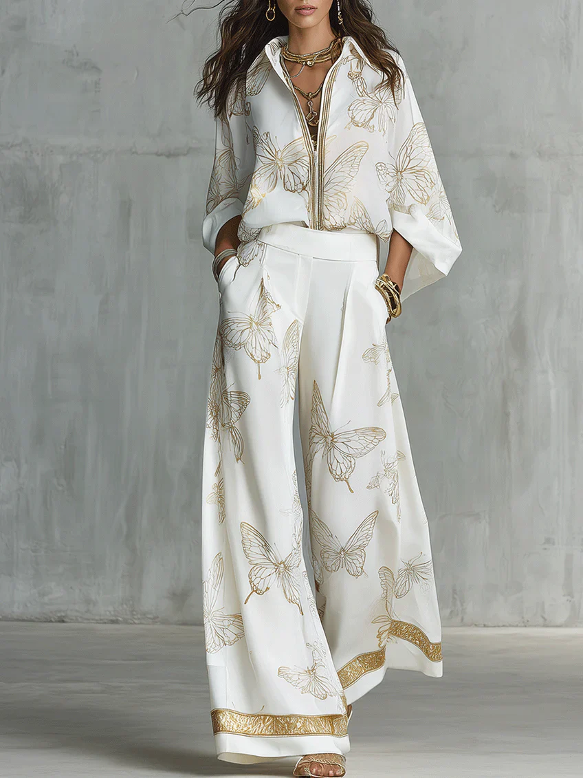 Elegant Gold Butterfly Print Loose Two-piece Set