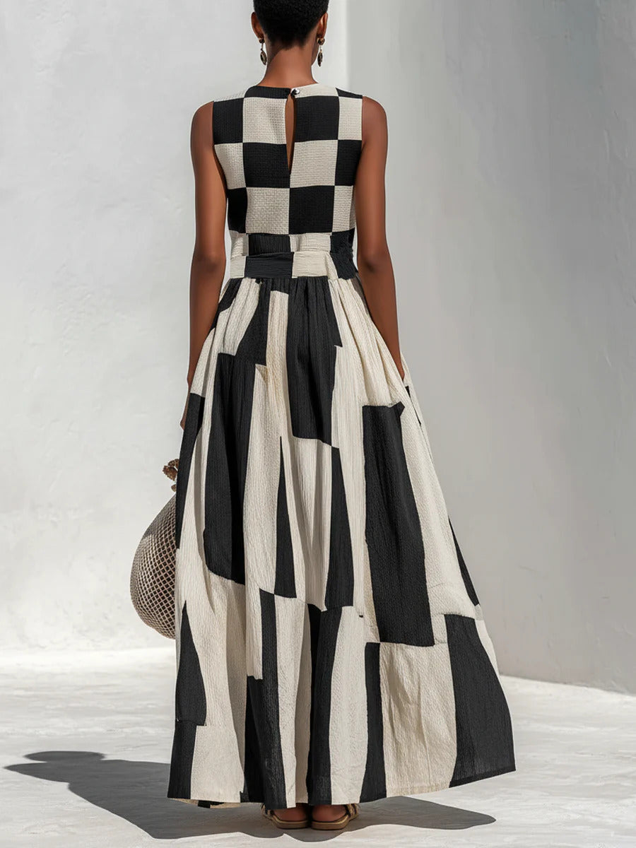 Cotton-Linen Plaid Stripe Sleeveless Maxi Dress