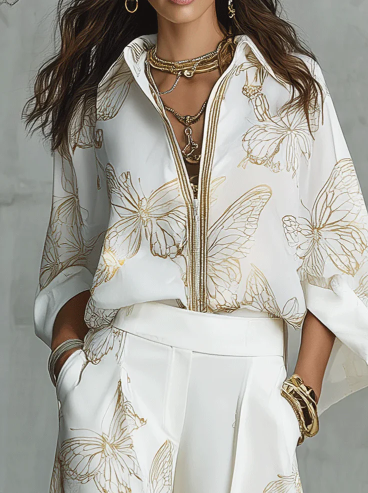 Elegant Gold Butterfly Print Loose Two-piece Set