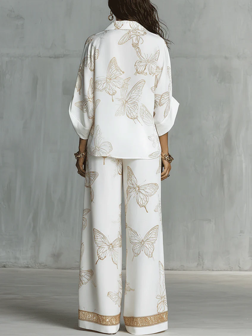 Elegant Gold Butterfly Print Loose Two-piece Set