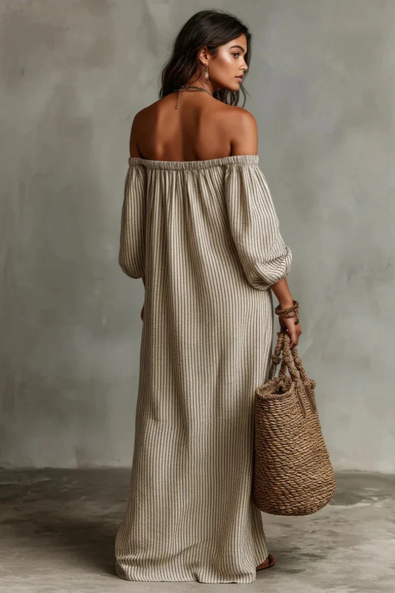 Beige Stripe Off-Shoulder Linen-Blend Maxi Dress