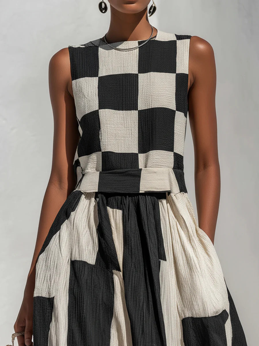 Cotton-Linen Plaid Stripe Sleeveless Maxi Dress