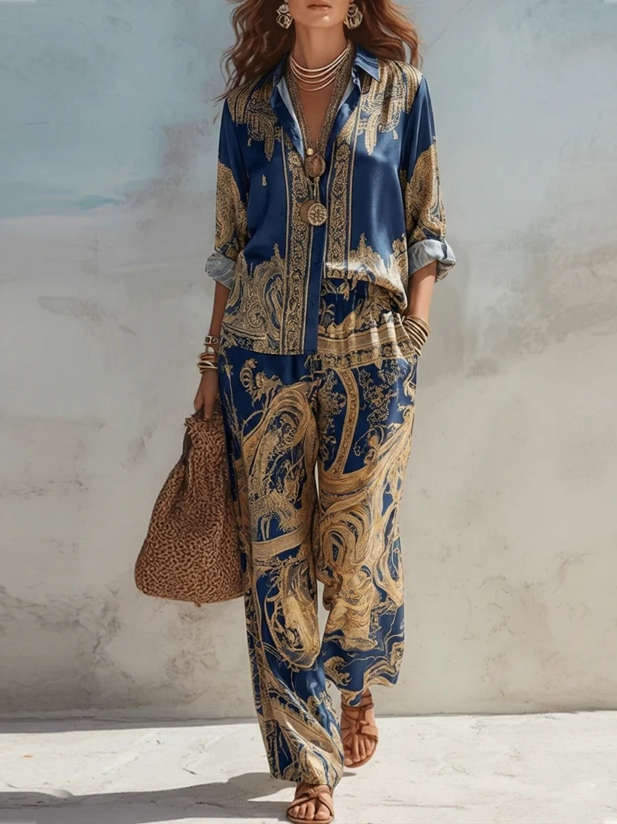 Navy Print Shirt Wide-leg Pants Two-piece Set