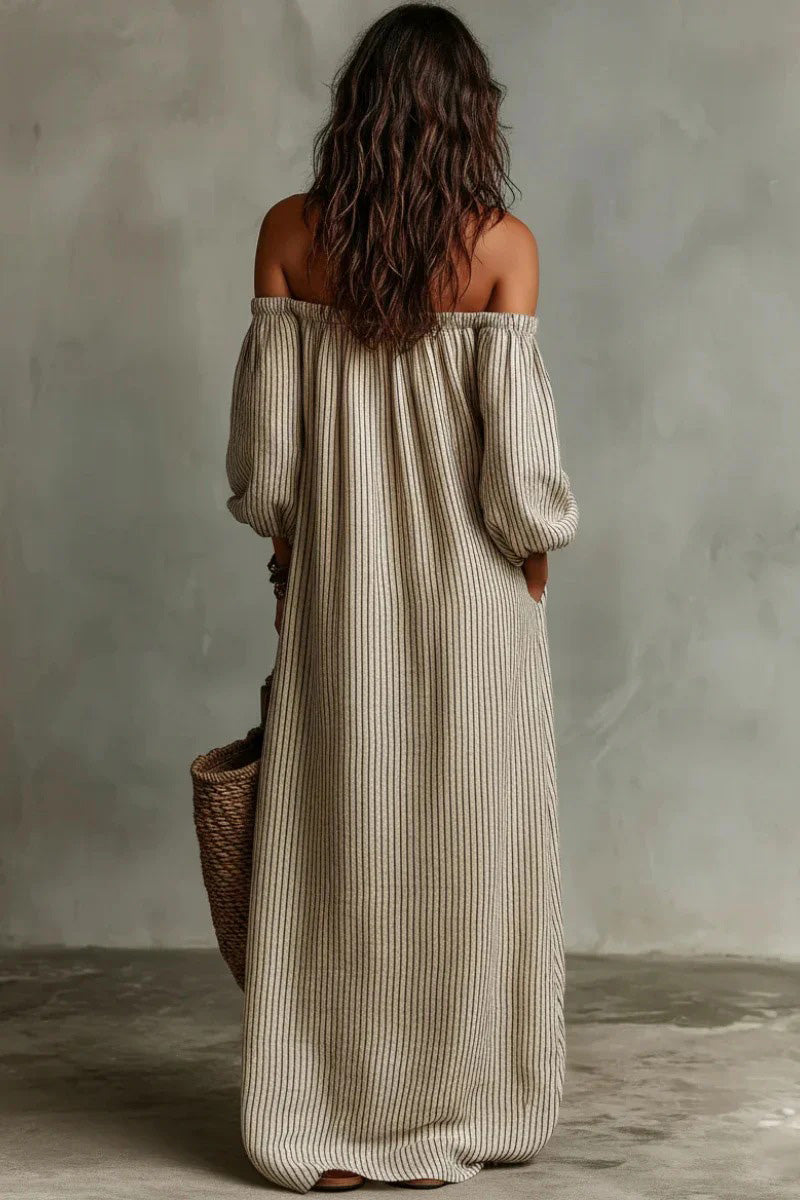 Beige Stripe Off-Shoulder Linen-Blend Maxi Dress
