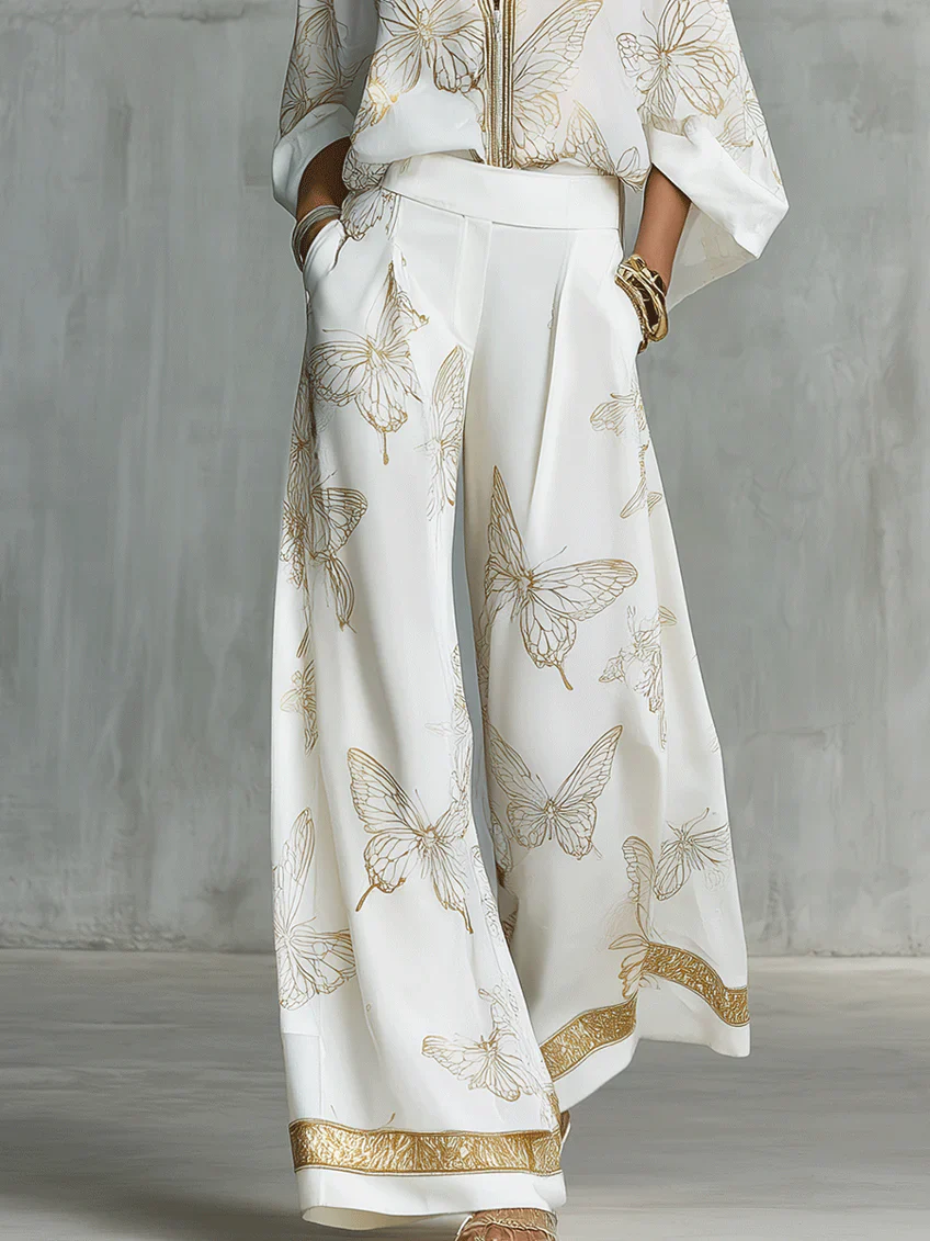 Elegant Gold Butterfly Print Loose Two-piece Set