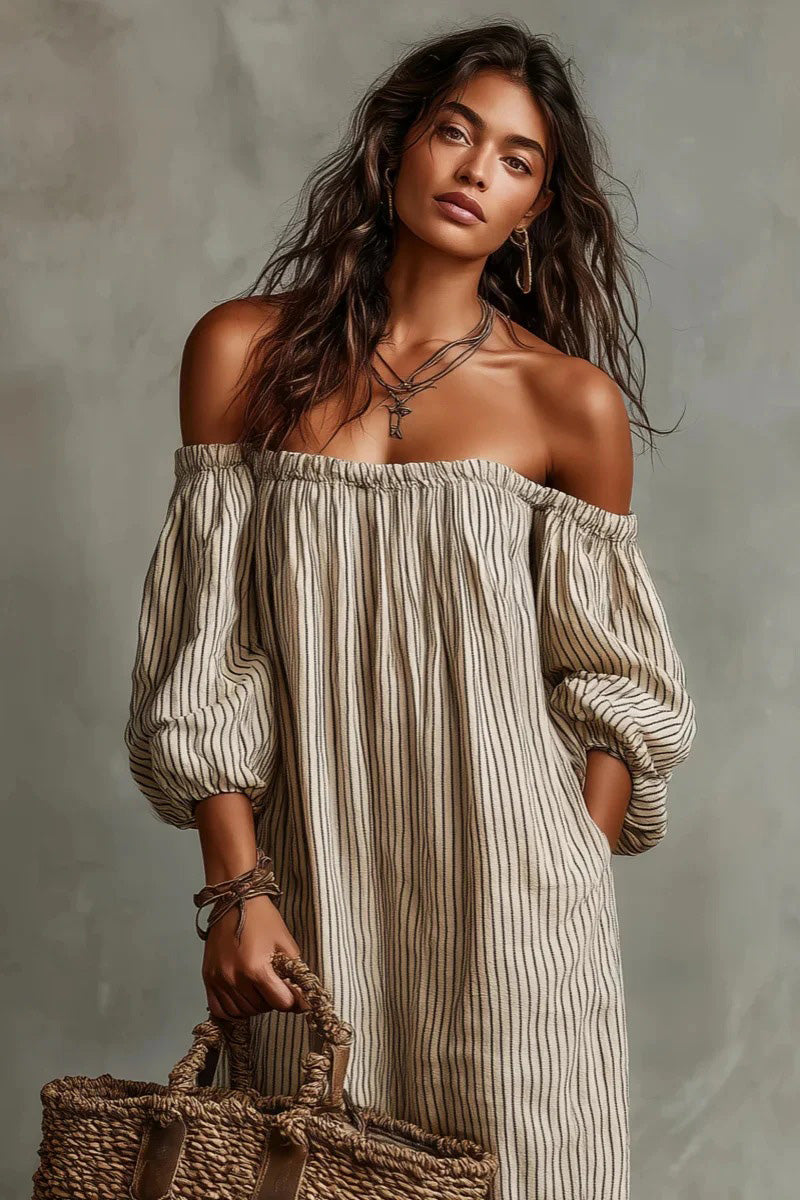 Beige Stripe Off-Shoulder Linen-Blend Maxi Dress