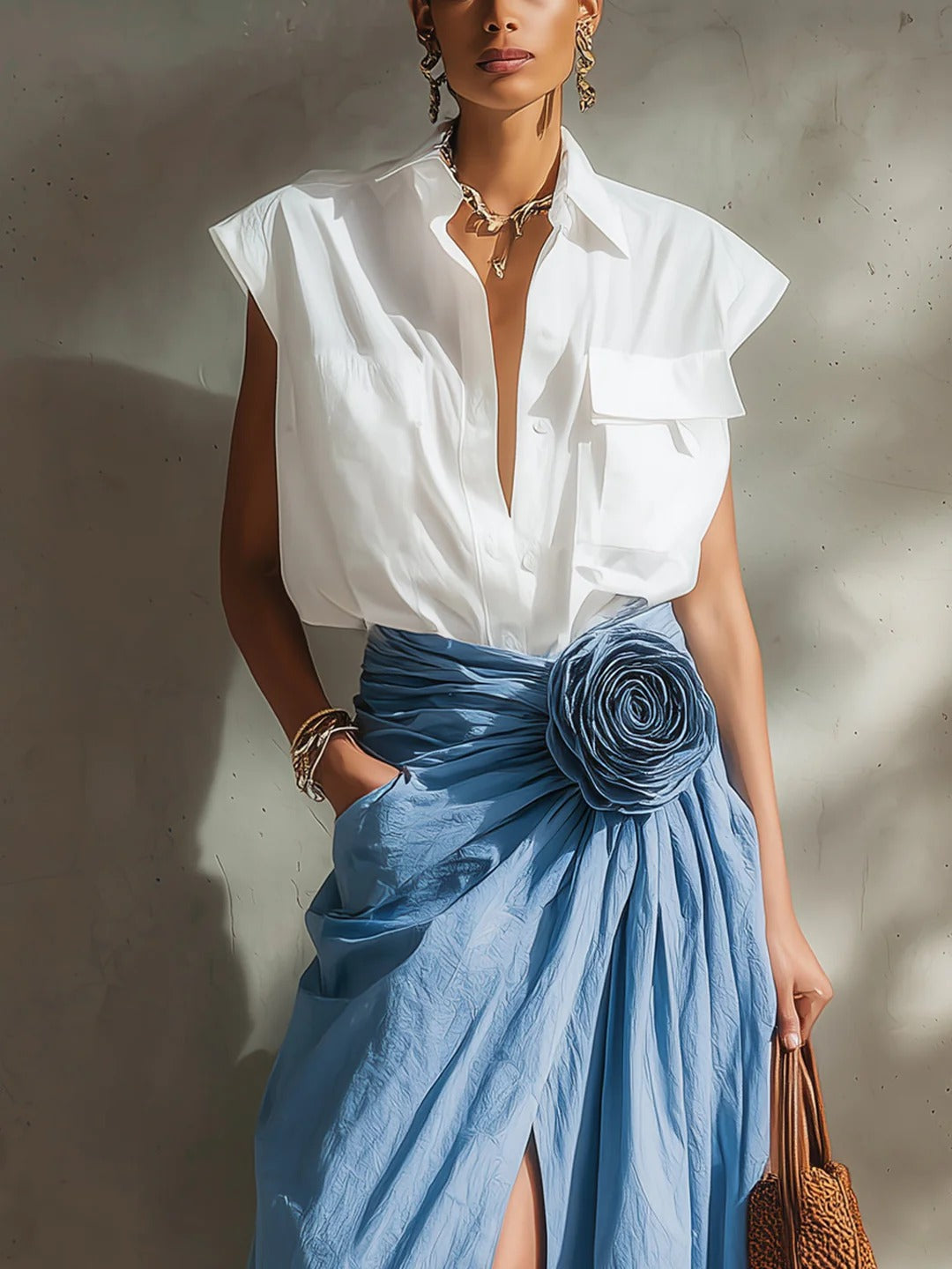 The Cotton Shirt And Floral Skirt Set