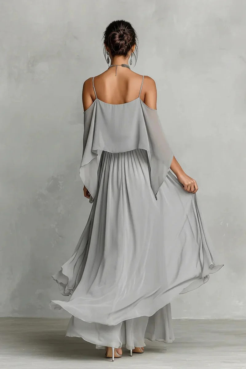 Grey Chiffon Cold-Shoulder Two-Piece Set