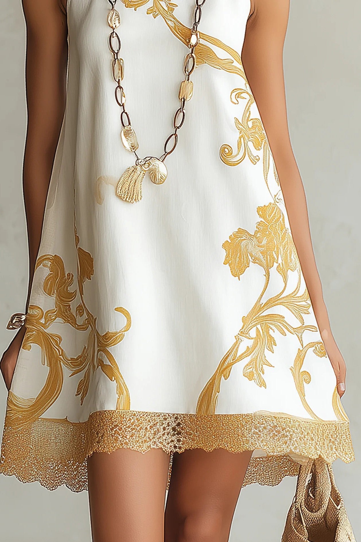 Golden Floral Halter A-Line Mini Dress