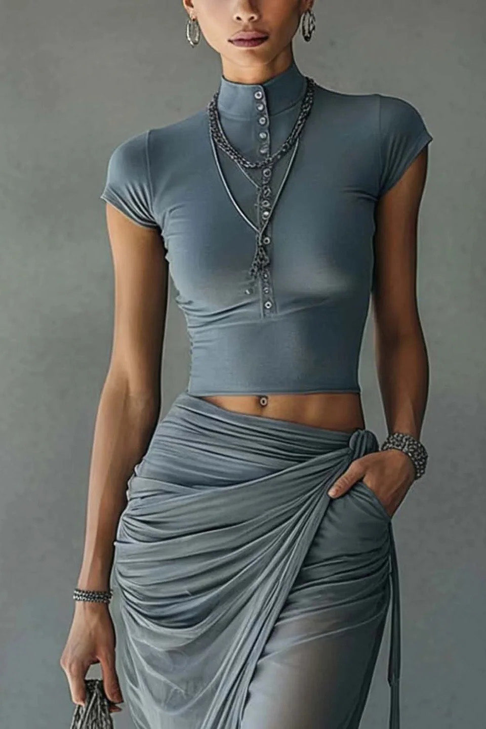 Blue Cropped T-Shirt Sheer Mesh Draped Skirt Set