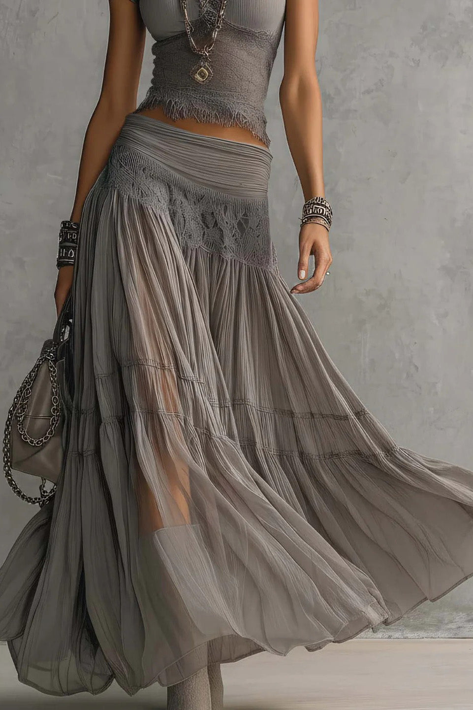 Grey Lace-Paneled Top and Pleated Maxi Skirt Set