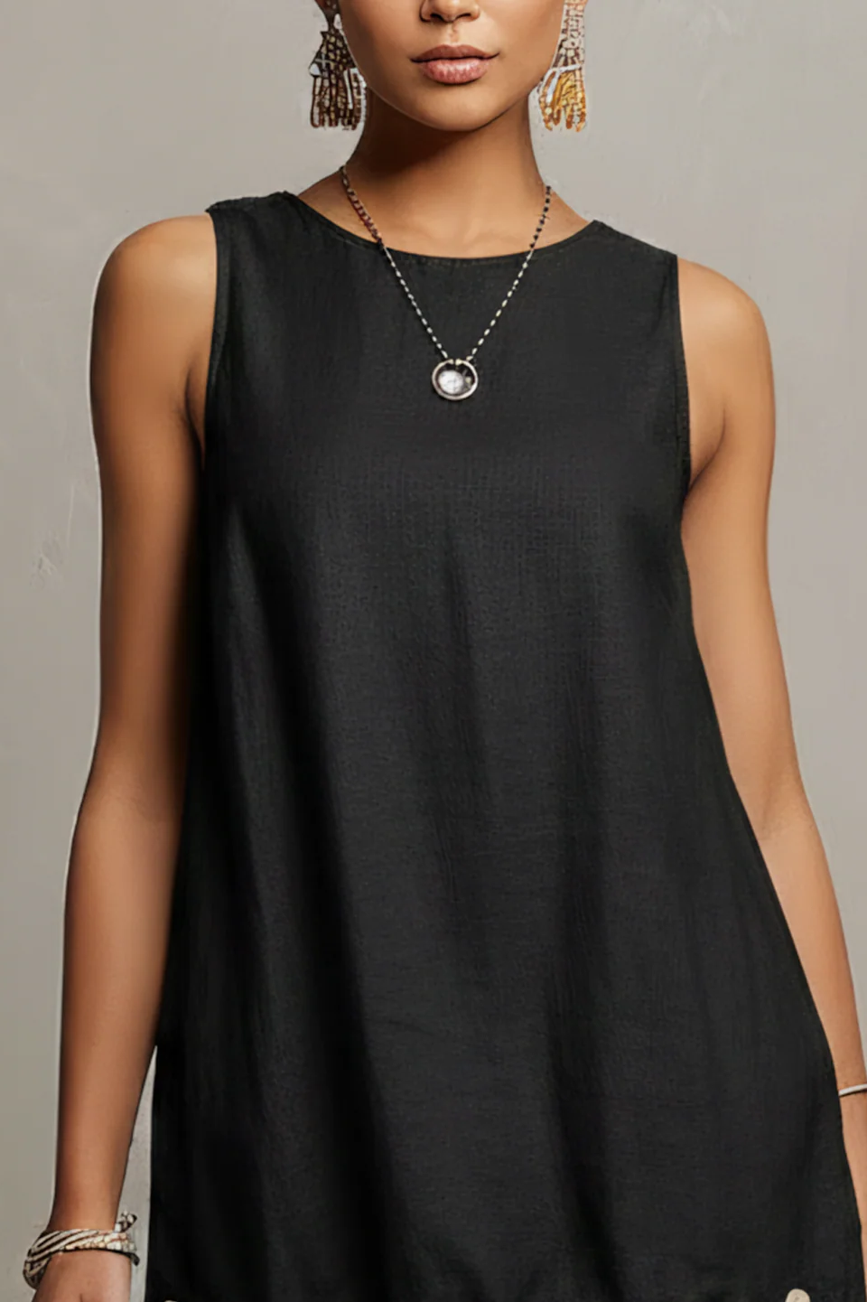 Black Cotton-Linen Mini Dress With 3D Floral Hem