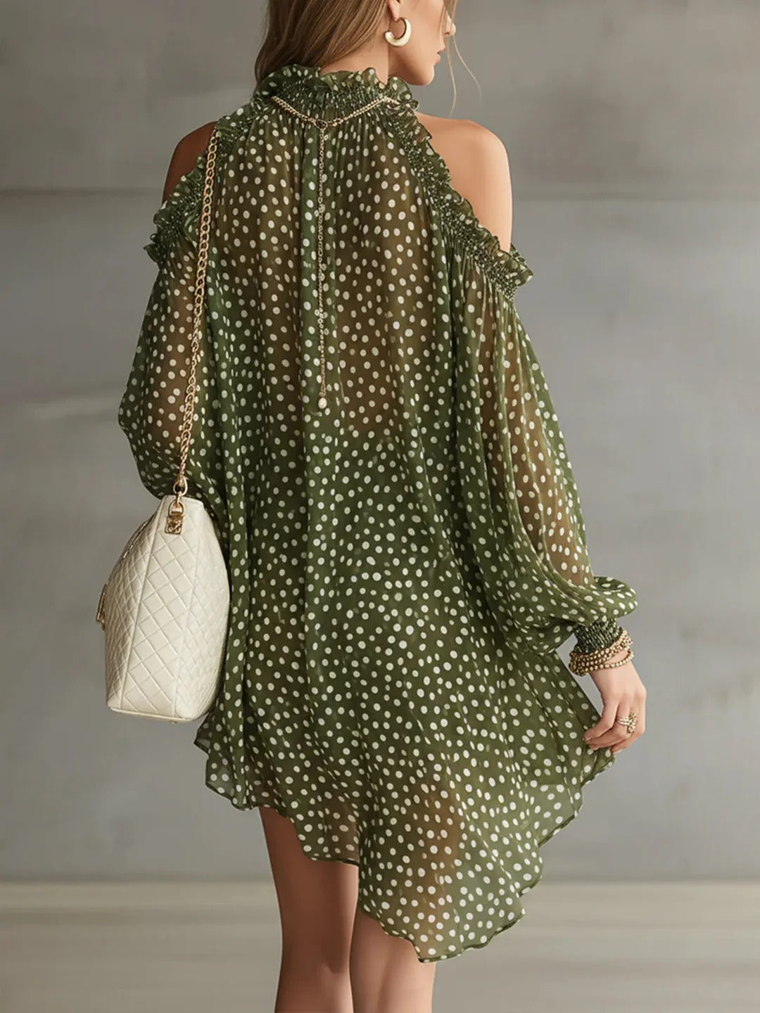 Green Polka Dot Cold Shoulder Mini Dress