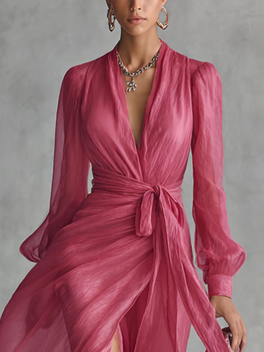 Elegant Pearl Chiffon V-Neck Maxi Dress