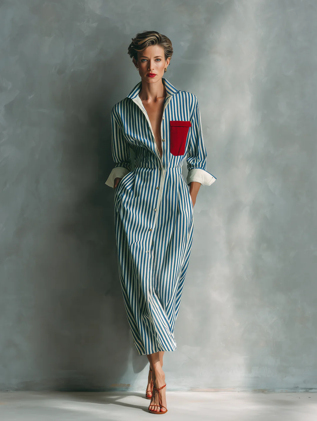 Blue And White Cotton Striped Shirt Dress