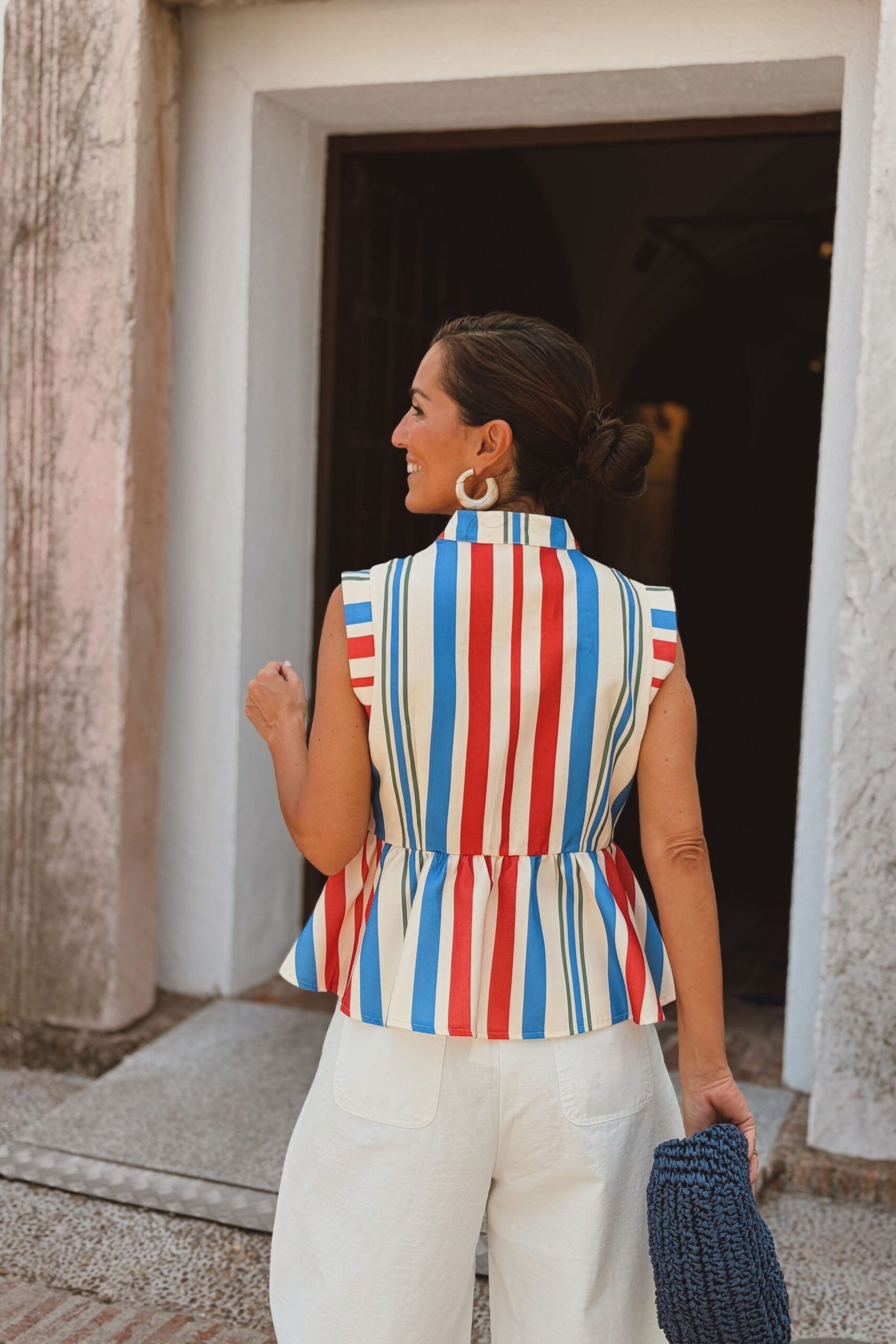 Red Blue White Stripe Mandarin Collar Vest Top