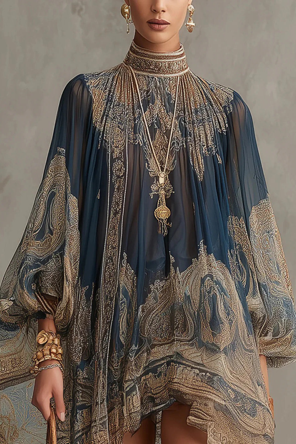 Navy Blue Baroque Print Chiffon Mini Dress