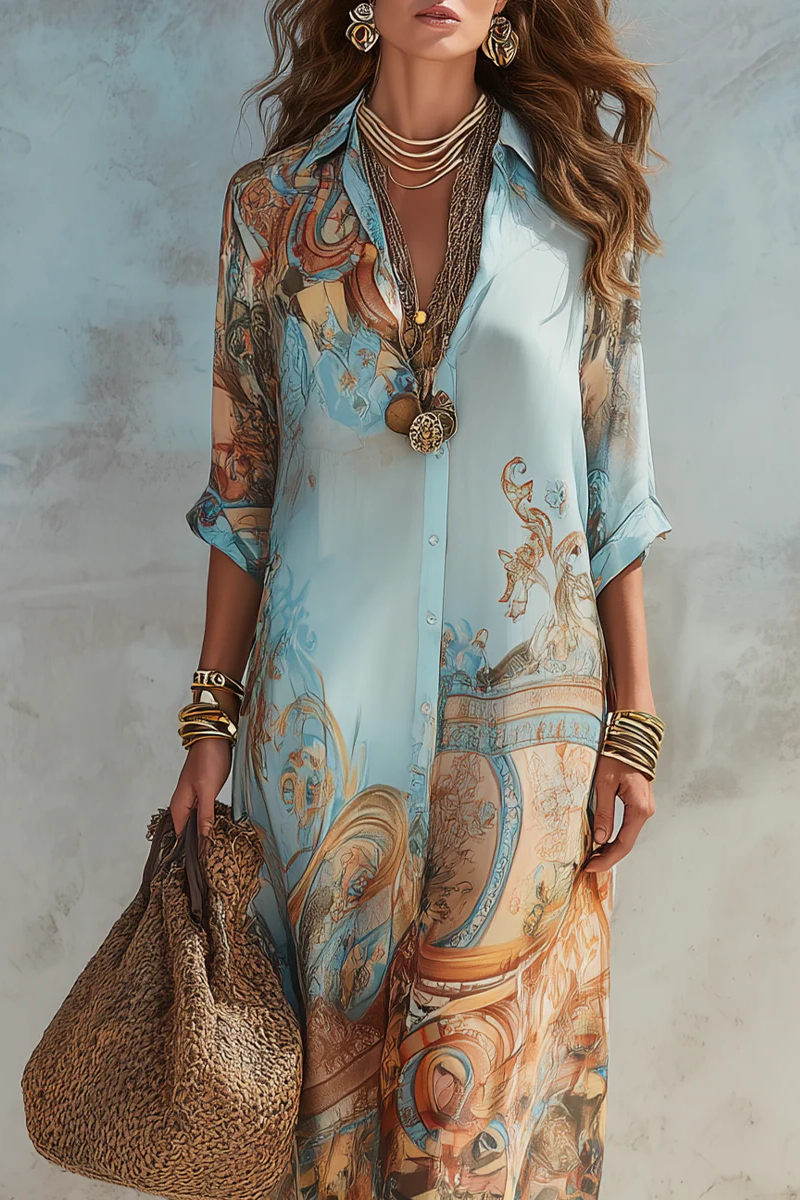 Vacation Blue Floral Print Shirt Maxi Dress