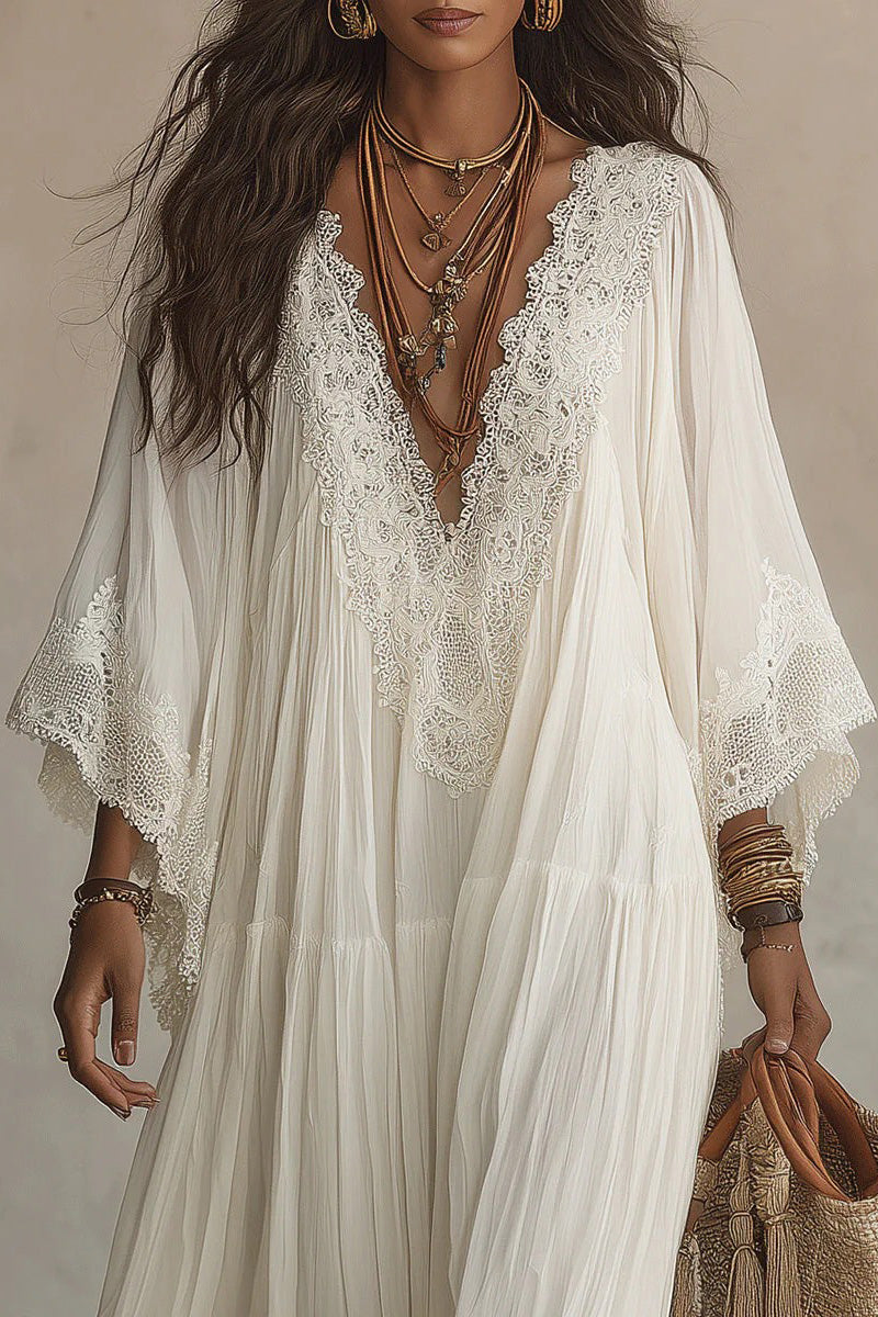 White Lace V-neck Batwing Chiffon Maxi Dress