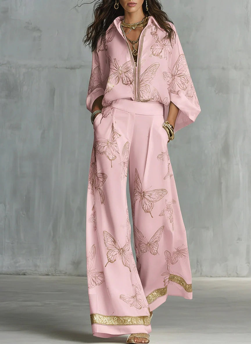 Elegant Gold Butterfly Print Loose Two-piece Set