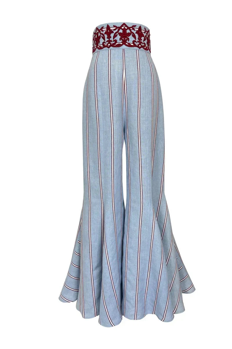 Blue Striped Wide-Leg Pants