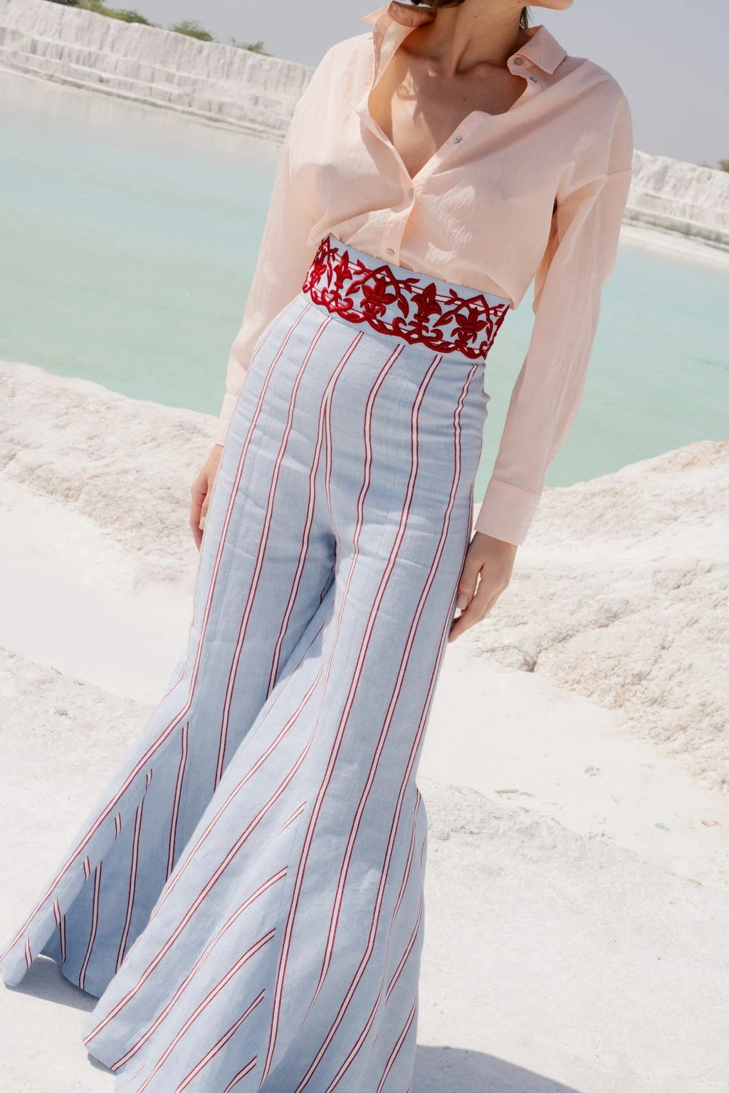 Blue Striped Wide-Leg Pants