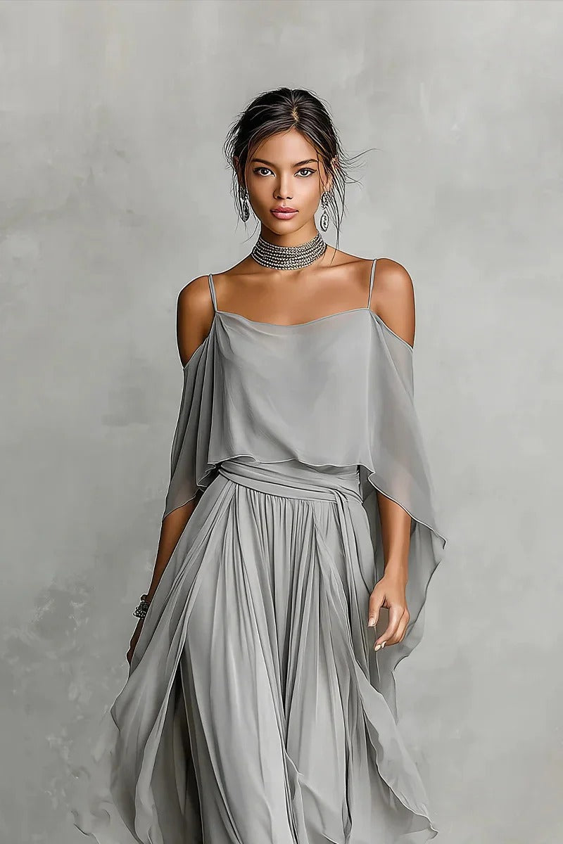 Grey Chiffon Cold-Shoulder Two-Piece Set