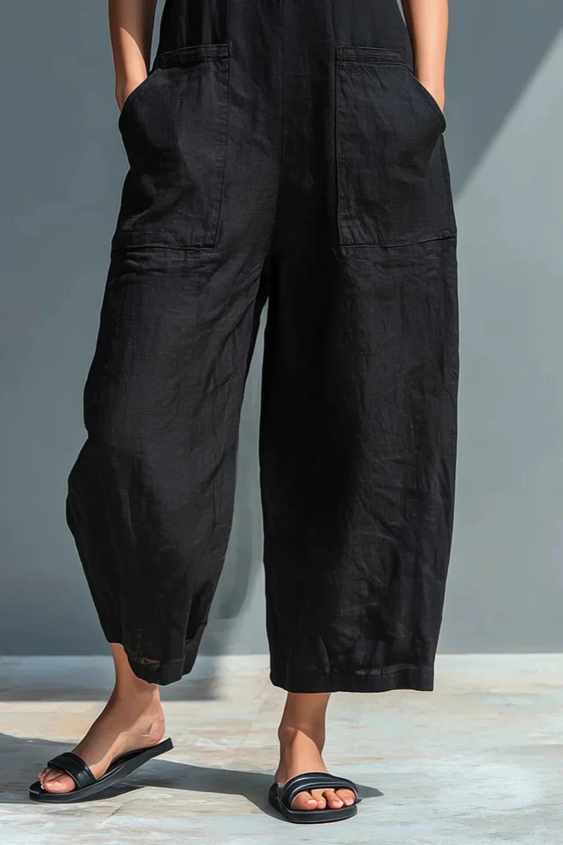 Black Linen Stand Collar Sleeveless Jumpsuit