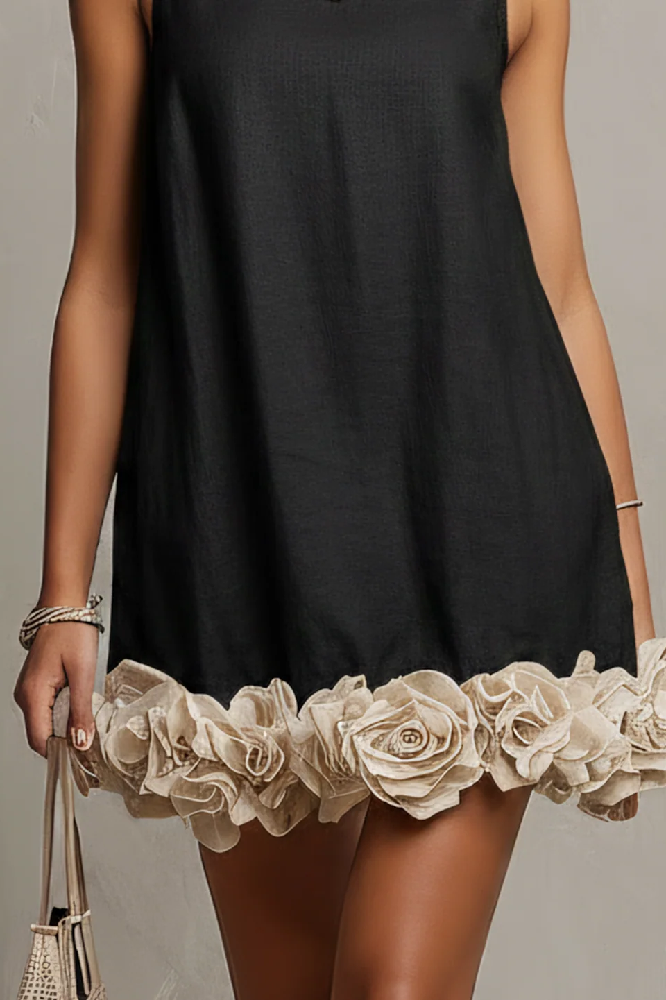 Black Cotton-Linen Mini Dress With 3D Floral Hem