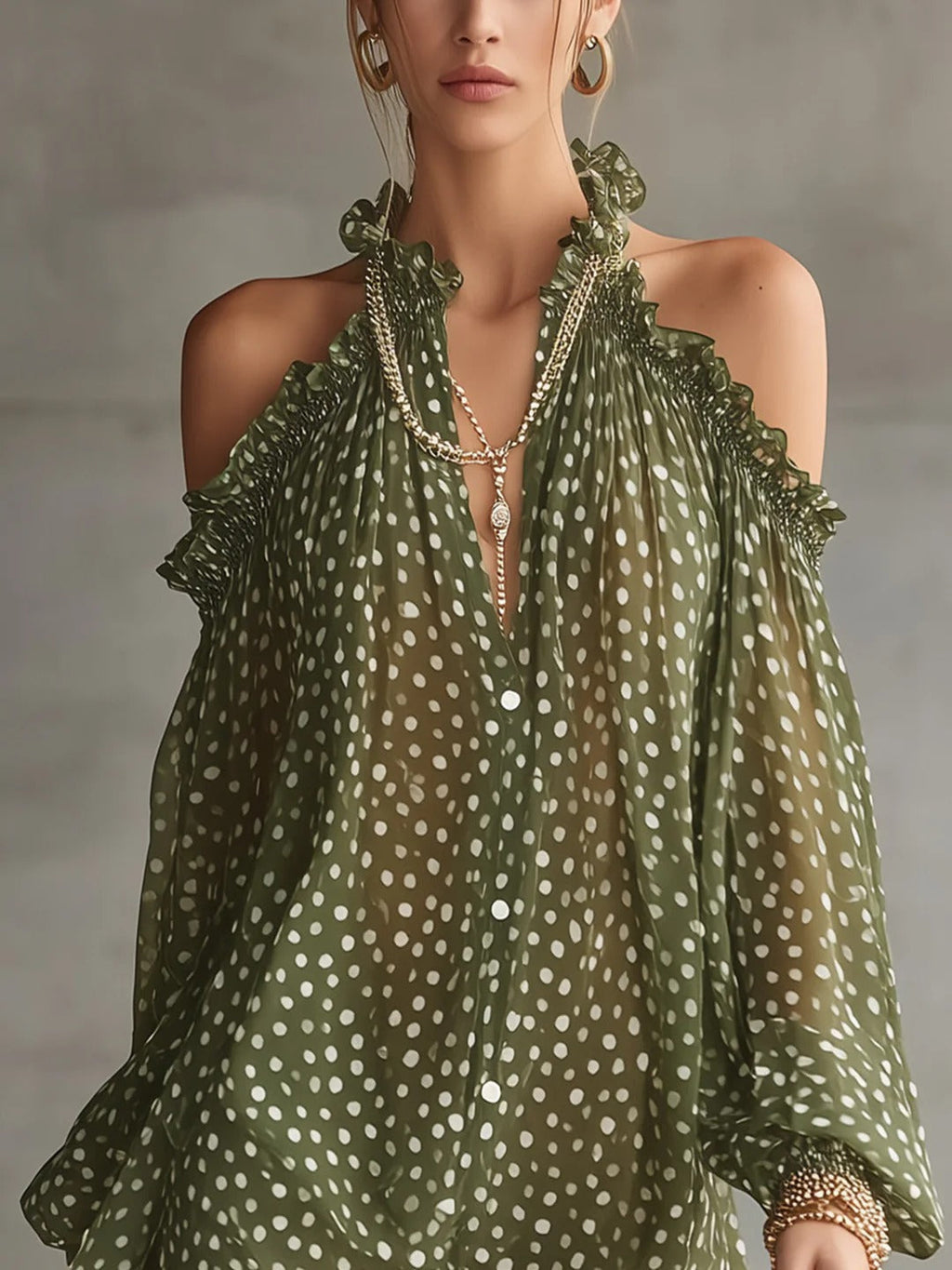 Green Polka Dot Cold Shoulder Mini Dress