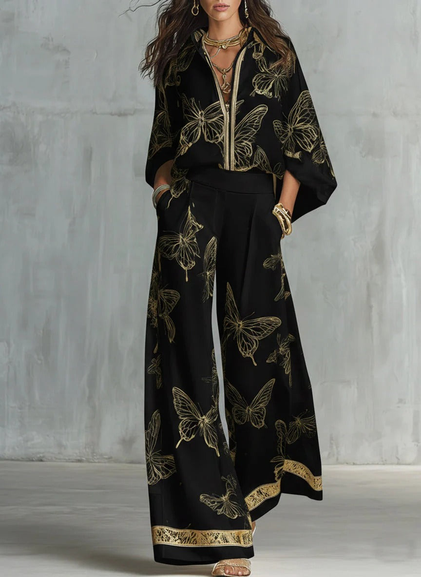 Elegant Gold Butterfly Print Loose Two-piece Set