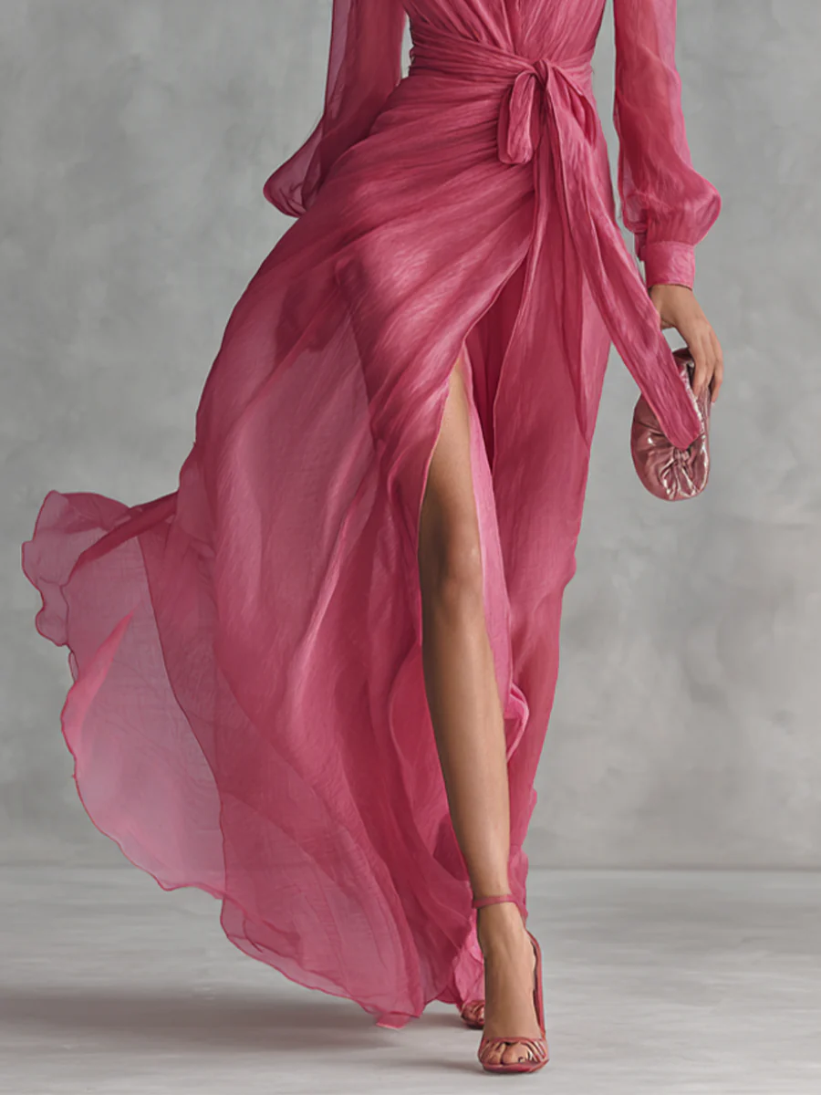 Elegant Pearl Chiffon V-Neck Maxi Dress