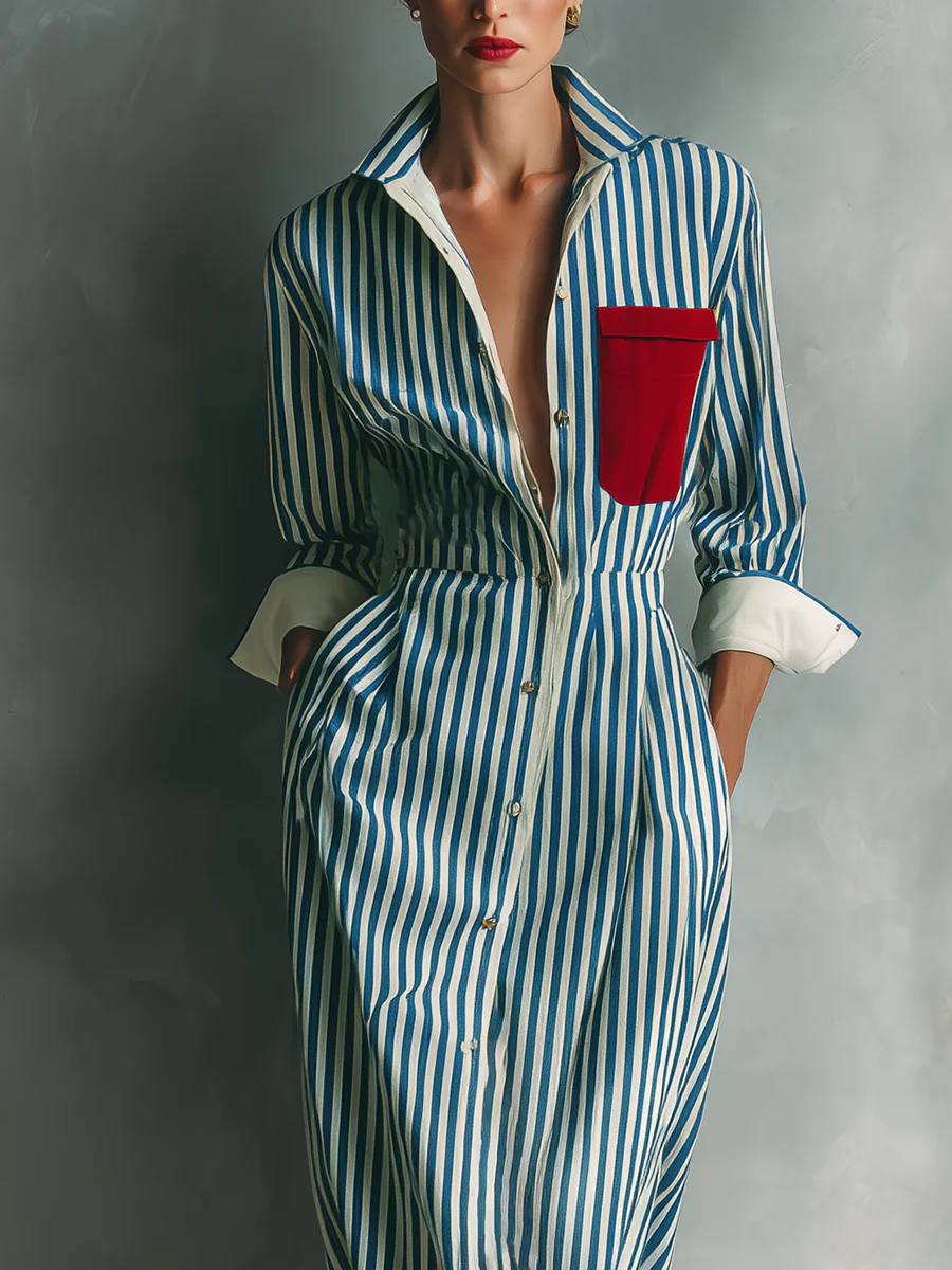 Blue And White Cotton Striped Shirt Dress