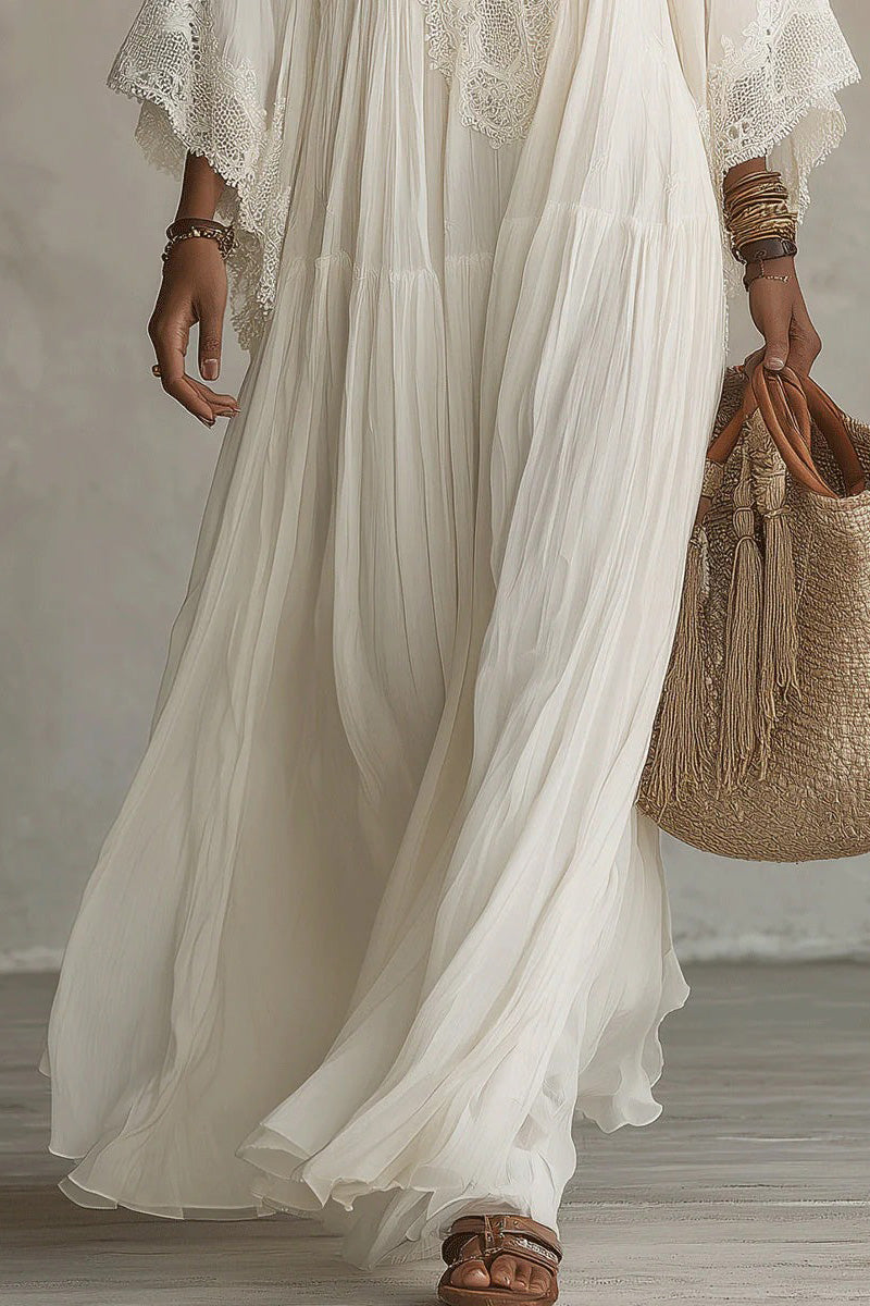White Lace V-neck Batwing Chiffon Maxi Dress
