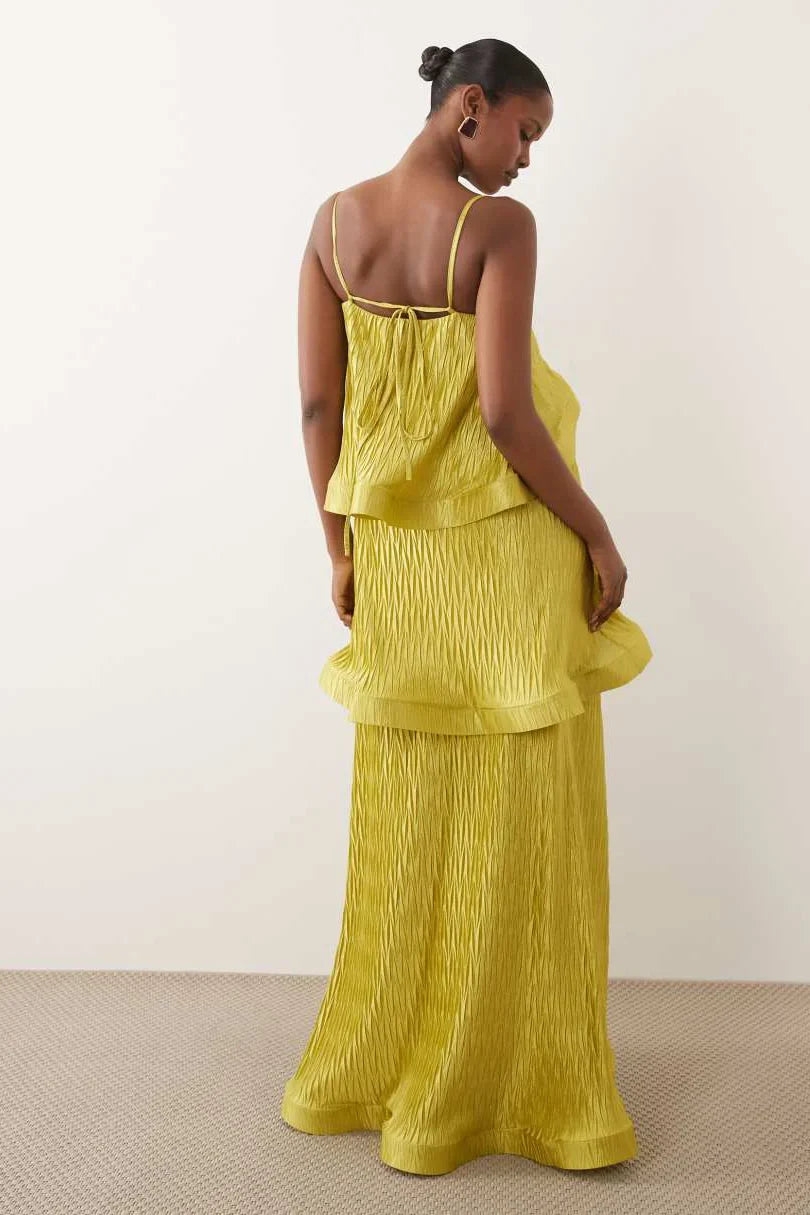 Lime Zigzag Plisse Tiered Trapeze Maxi Dress